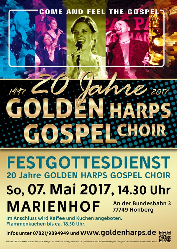 Flyer Golden Harps Festgottedienst 20. Jähreiges Jubeleum